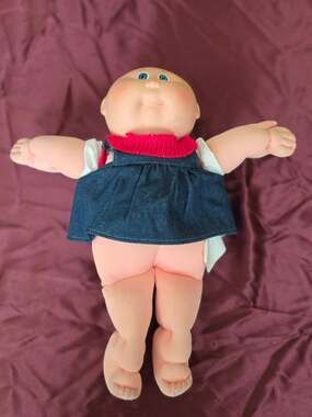 Vintage Cabbage Patch Kids Premie Bald Doll Blue Eyes Denim Romper